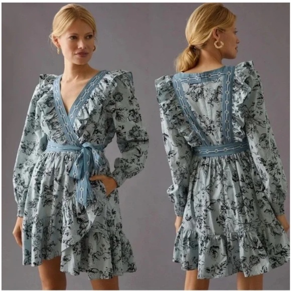 Anthropologie Dresses & Skirts - Anthropologie ruffle floral mini wrap dress large blue *missing belt